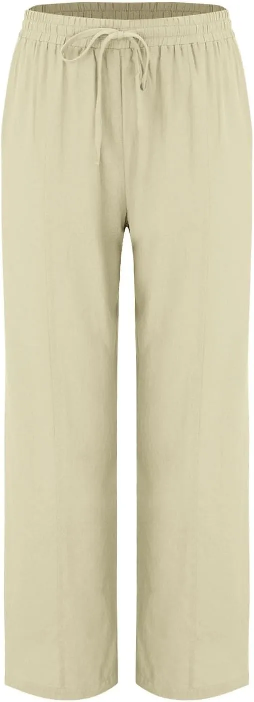Women Linen Pants Summer Trouser Pant Cotton Blend Drawstring Elastic Waist Pocket Long Wide Leg Linen Pants Women