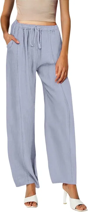 Women Linen Pants Summer Trouser Pant Cotton Blend Drawstring Elastic Waist Wide Leg Pants Women Linen Comfy Linen Pants