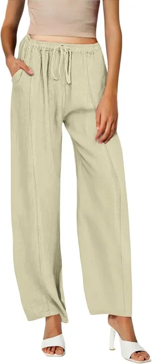 Women Linen Pants Summer Trouser Pant Cotton Blend Drawstring Elastic Waist Wide Leg Pants Women Linen Comfy Linen Pants