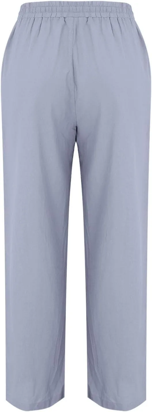 Women Linen Pants Summer Trouser Pant Cotton Blend Drawstring Elastic Waist Wide Leg Pants Women Linen Comfy Linen Pants
