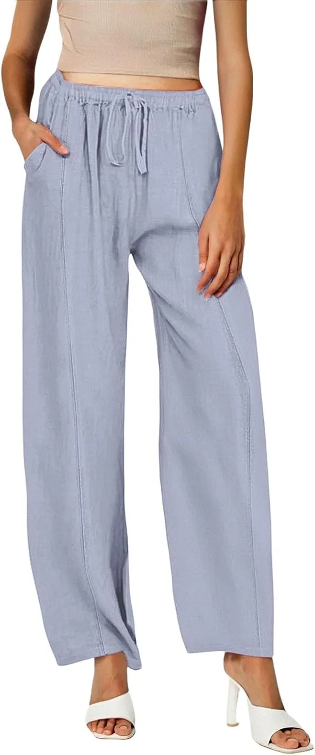 Women Linen Pants Summer Trouser Pant Cotton Blend Drawstring Elastic Waist Wide Leg Pants Women Linen Comfy Linen Pants
