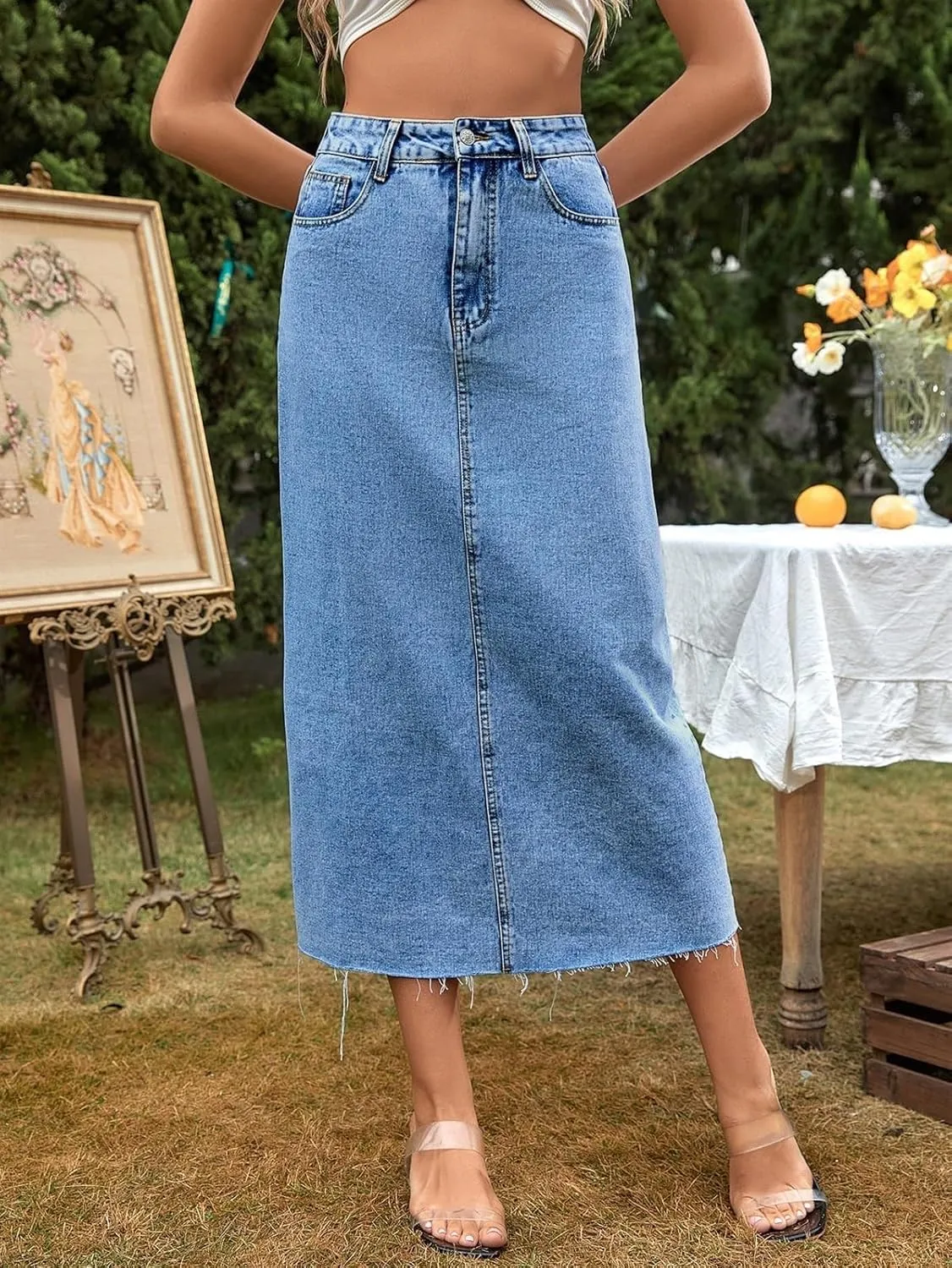 Women Long Denim Skirts Trend High Waist Frayed Hem A Line Jeans Dress Casual Fascinating Slim Fit Pencil Skirts