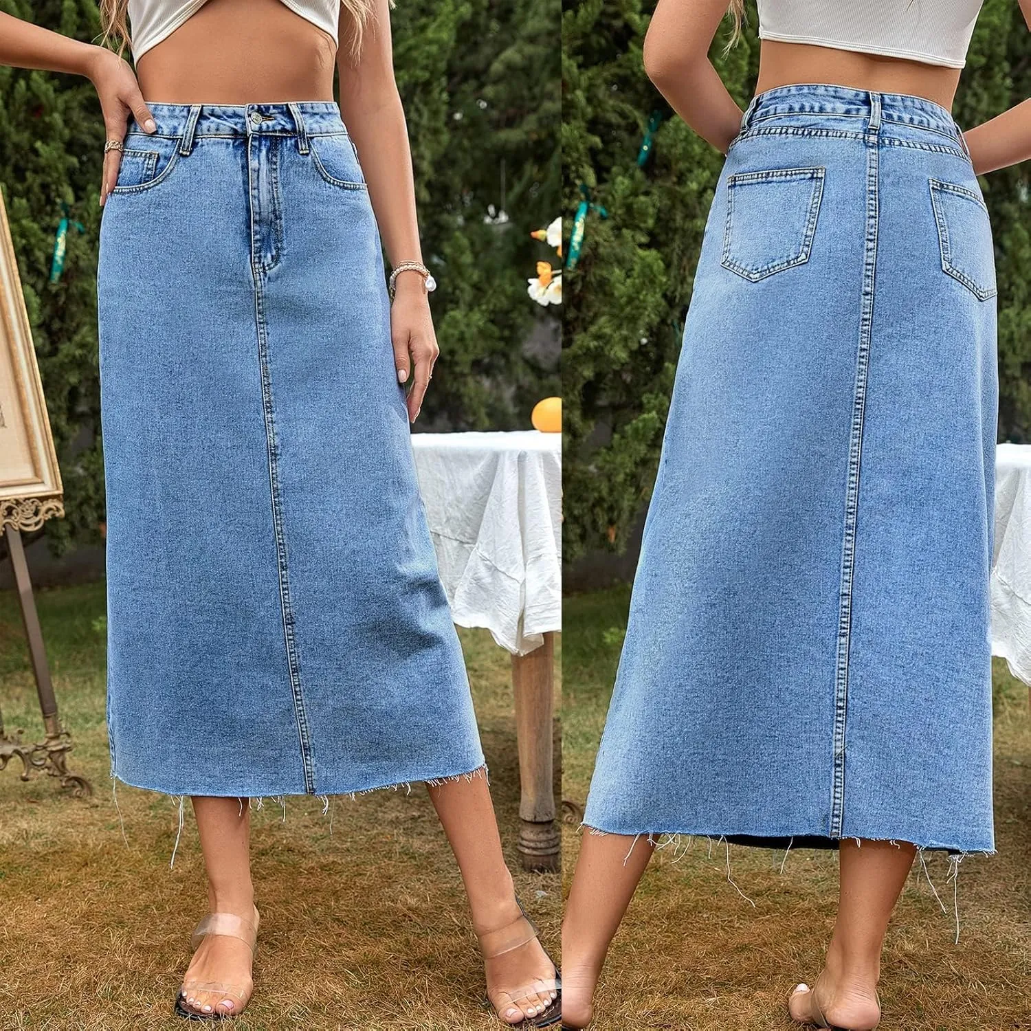 Women Long Denim Skirts Trend High Waist Frayed Hem A Line Jeans Dress Casual Fascinating Slim Fit Pencil Skirts