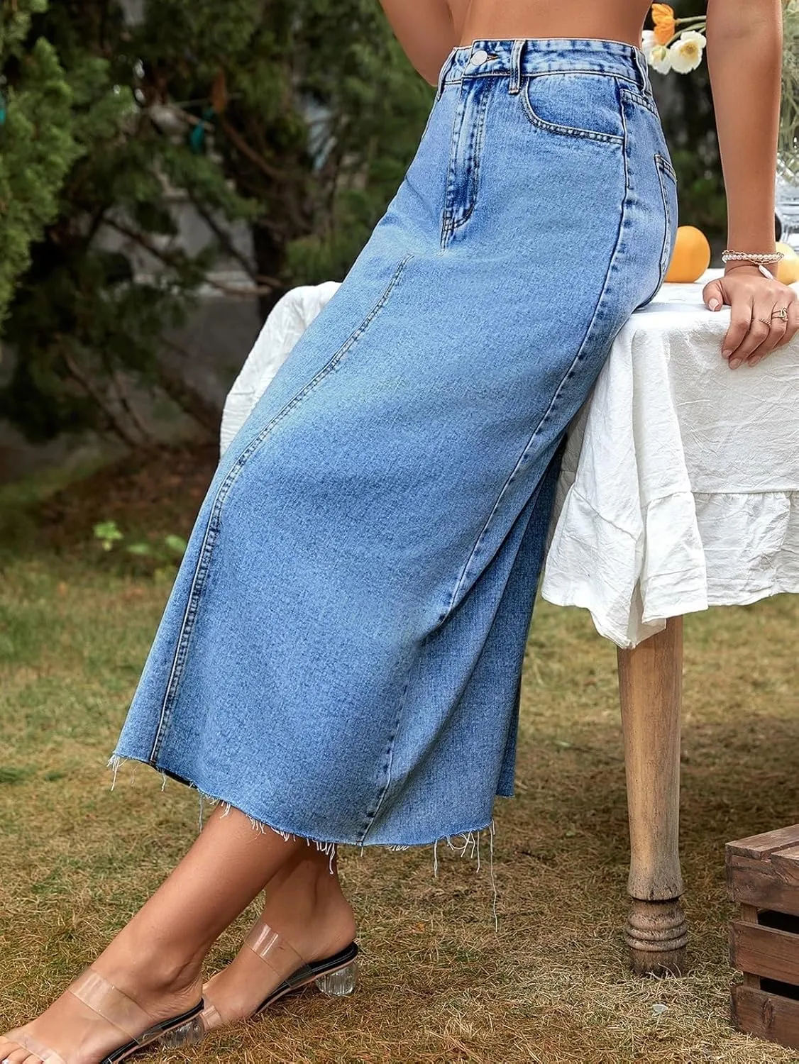 Women Long Denim Skirts Trend High Waist Frayed Hem A Line Jeans Dress Casual Fascinating Slim Fit Pencil Skirts