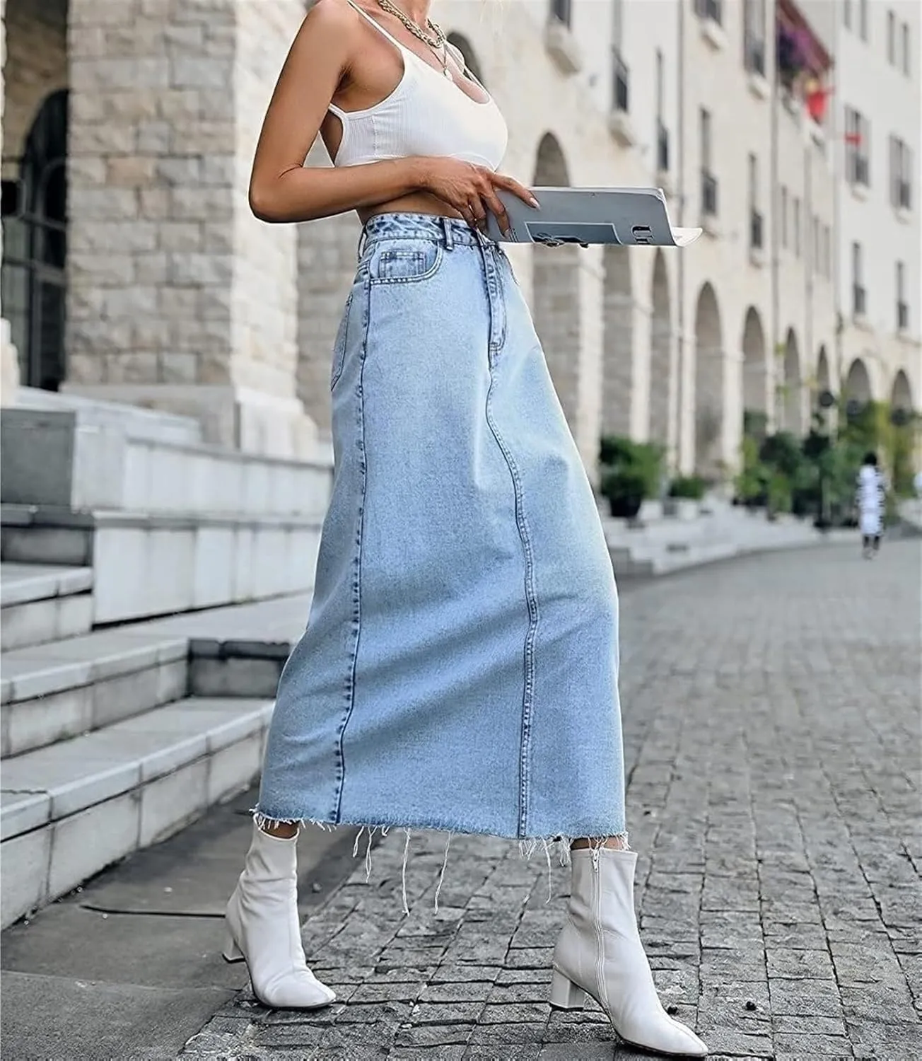 Women Long Denim Skirts Trend High Waist Frayed Hem A Line Jeans Dress Casual Fascinating Slim Fit Pencil Skirts