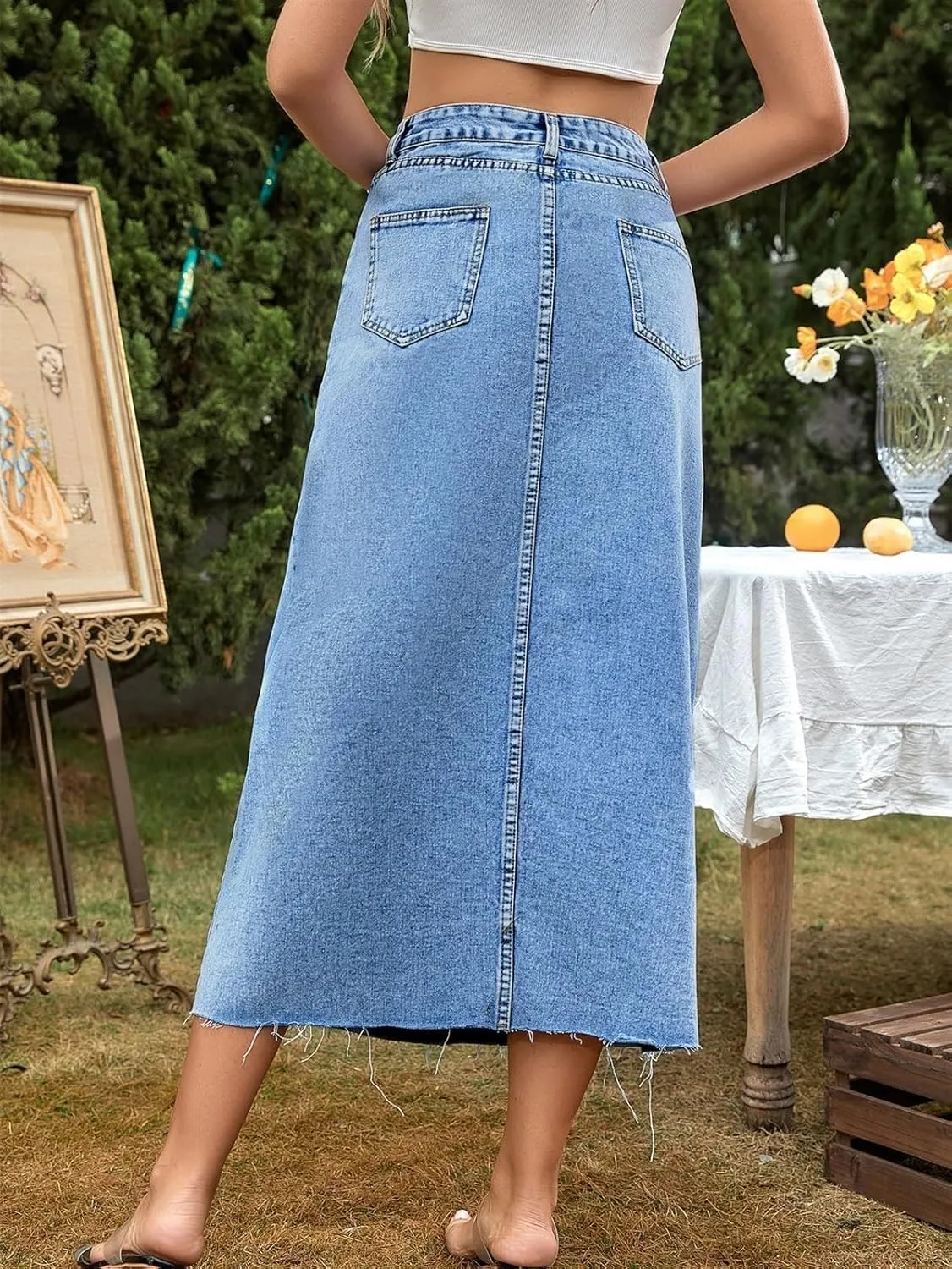 Women Long Denim Skirts Trend High Waist Frayed Hem A Line Jeans Dress Casual Fascinating Slim Fit Pencil Skirts