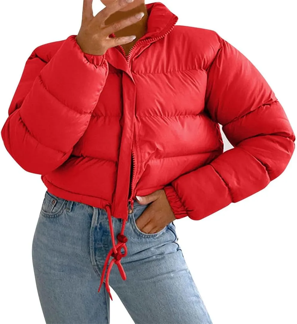 Women Long Sleeved Cropped Parkas Slim Fit Zipper Puffer Outwears Cotton Padded Snow Coat