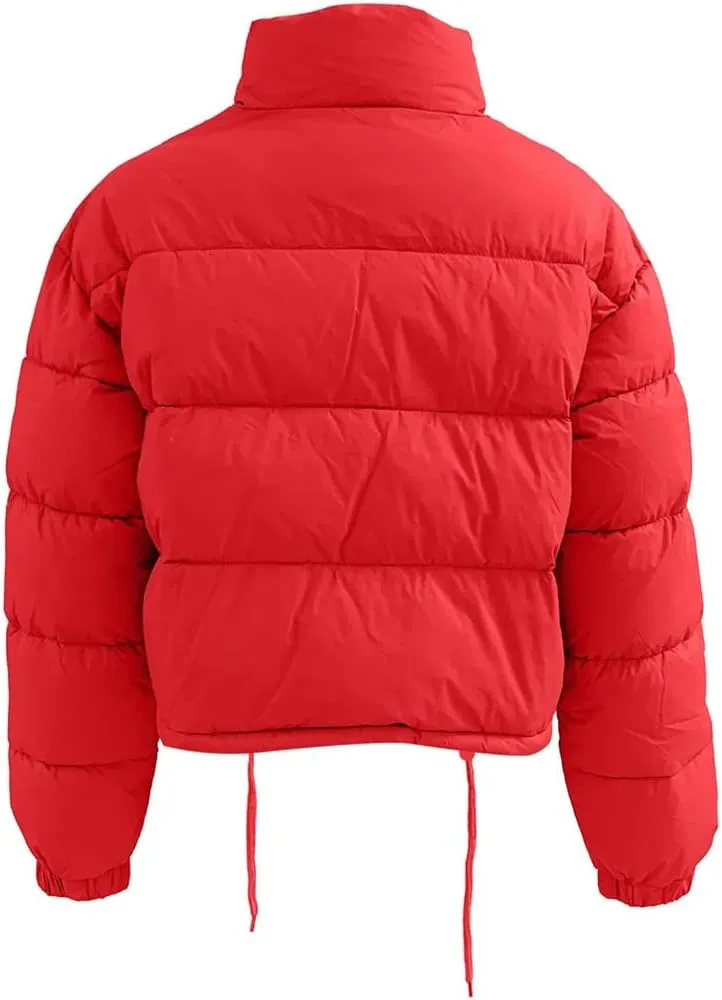 Women Long Sleeved Cropped Parkas Slim Fit Zipper Puffer Outwears Cotton Padded Snow Coat