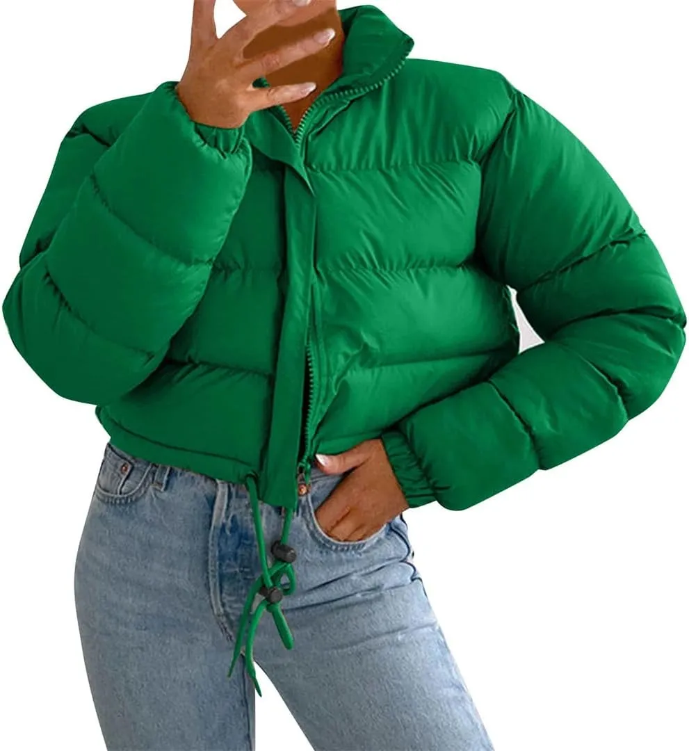 Women Long Sleeved Cropped Parkas Slim Fit Zipper Puffer Outwears Cotton Padded Snow Coat