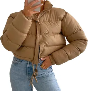 Women Long Sleeved Cropped Parkas Slim Fit Zipper Puffer Outwears Cotton Padded Snow Coat