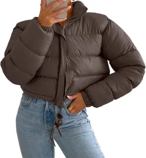Women Long Sleeved Cropped Parkas Slim Fit Zipper Puffer Outwears Cotton Padded Snow Coat