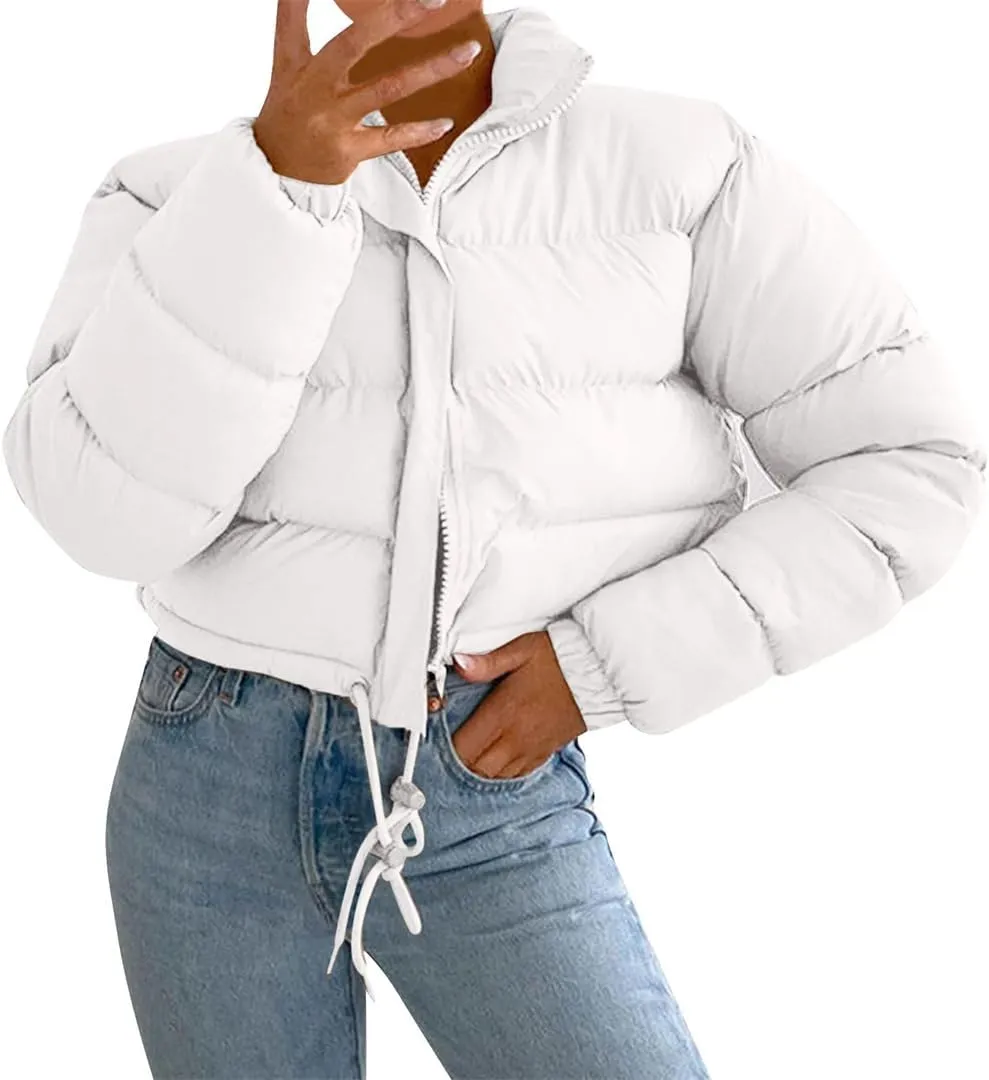 Women Long Sleeved Cropped Parkas Slim Fit Zipper Puffer Outwears Cotton Padded Snow Coat