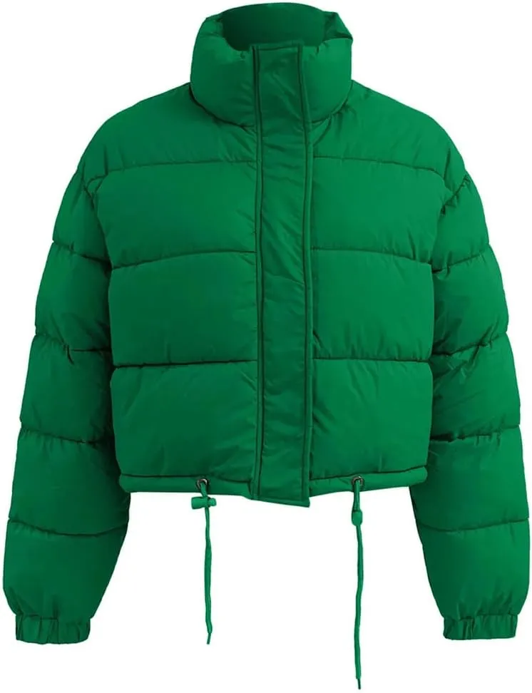 Women Long Sleeved Cropped Parkas Slim Fit Zipper Puffer Outwears Cotton Padded Snow Coat