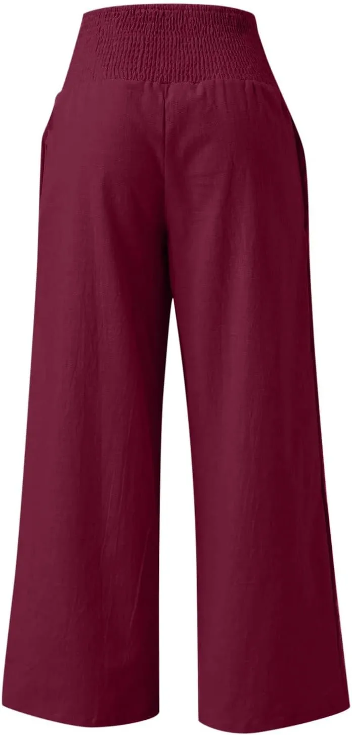 Women Palazzo High Waisted Linen Pants Casual Elastic Waist Wide Leg Pants Trousers Baggy Slacks with Pockets