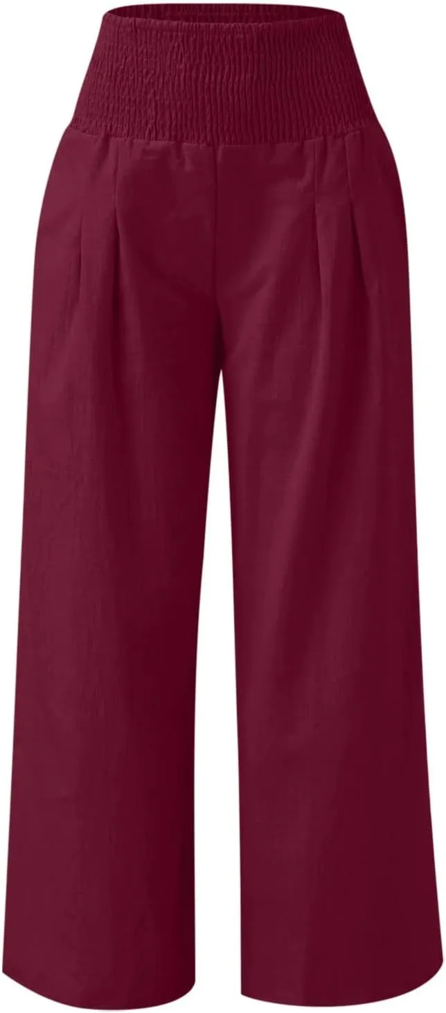 Women Palazzo High Waisted Linen Pants Casual Elastic Waist Wide Leg Pants Trousers Baggy Slacks with Pockets