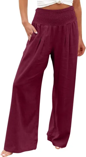 Women Palazzo High Waisted Linen Pants Casual Elastic Waist Wide Leg Pants Trousers Baggy Slacks with Pockets