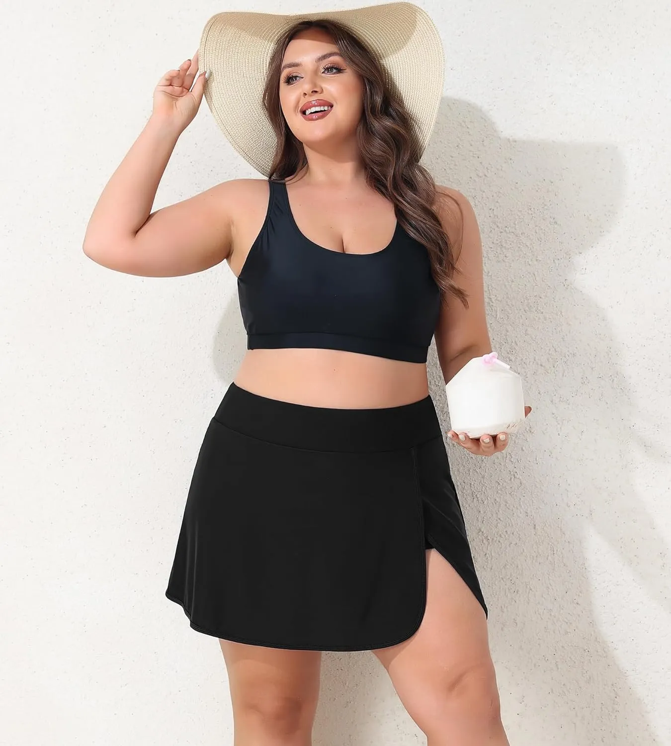 Women Plus Size Swim Skirt Tummy Control Split Swimsuit Bottom High Waisted Swim Suit Skirt with Pockets