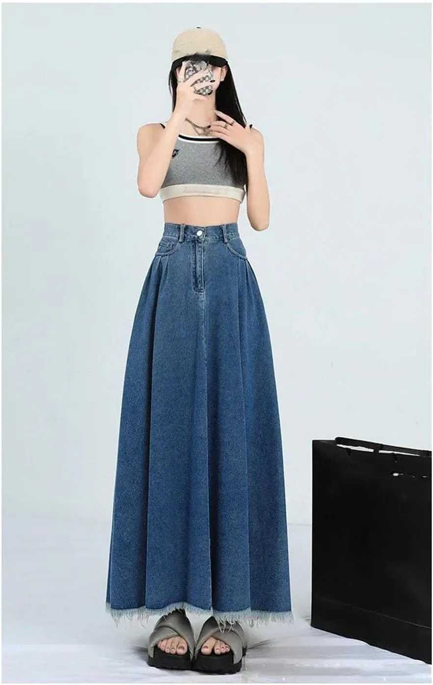 Women Retro Fashion Solid Color Denim Half Body Skirt Rough Selvedge Slim-Fit High-Waisted A-Line Skirt
