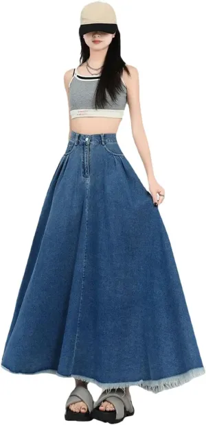 Women Retro Fashion Solid Color Denim Half Body Skirt Rough Selvedge Slim-Fit High-Waisted A-Line Skirt