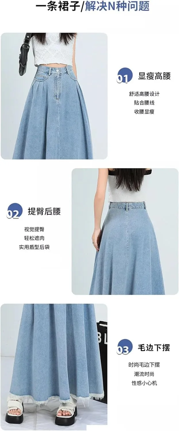 Women Retro Fashion Solid Color Denim Half Body Skirt Rough Selvedge Slim-Fit High-Waisted A-Line Skirt