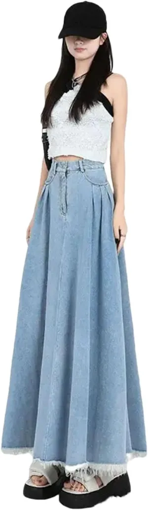Women Retro Fashion Solid Color Denim Half Body Skirt Rough Selvedge Slim-Fit High-Waisted A-Line Skirt