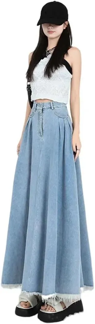 Women Retro Fashion Solid Color Denim Half Body Skirt Rough Selvedge Slim-Fit High-Waisted A-Line Skirt