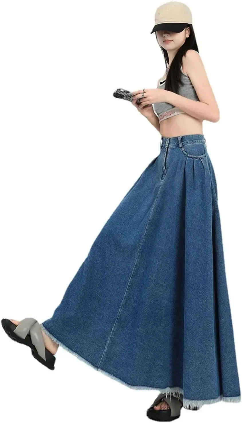 Women Retro Fashion Solid Color Denim Half Body Skirt Rough Selvedge Slim-Fit High-Waisted A-Line Skirt