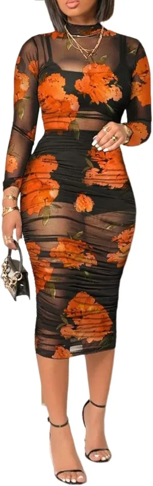 Women Sexy 3 Piece Outfits Set See Through Print Long Sleeve Midi Dress Sheer Mesh Crop Tank Tops Bodycon Skirt