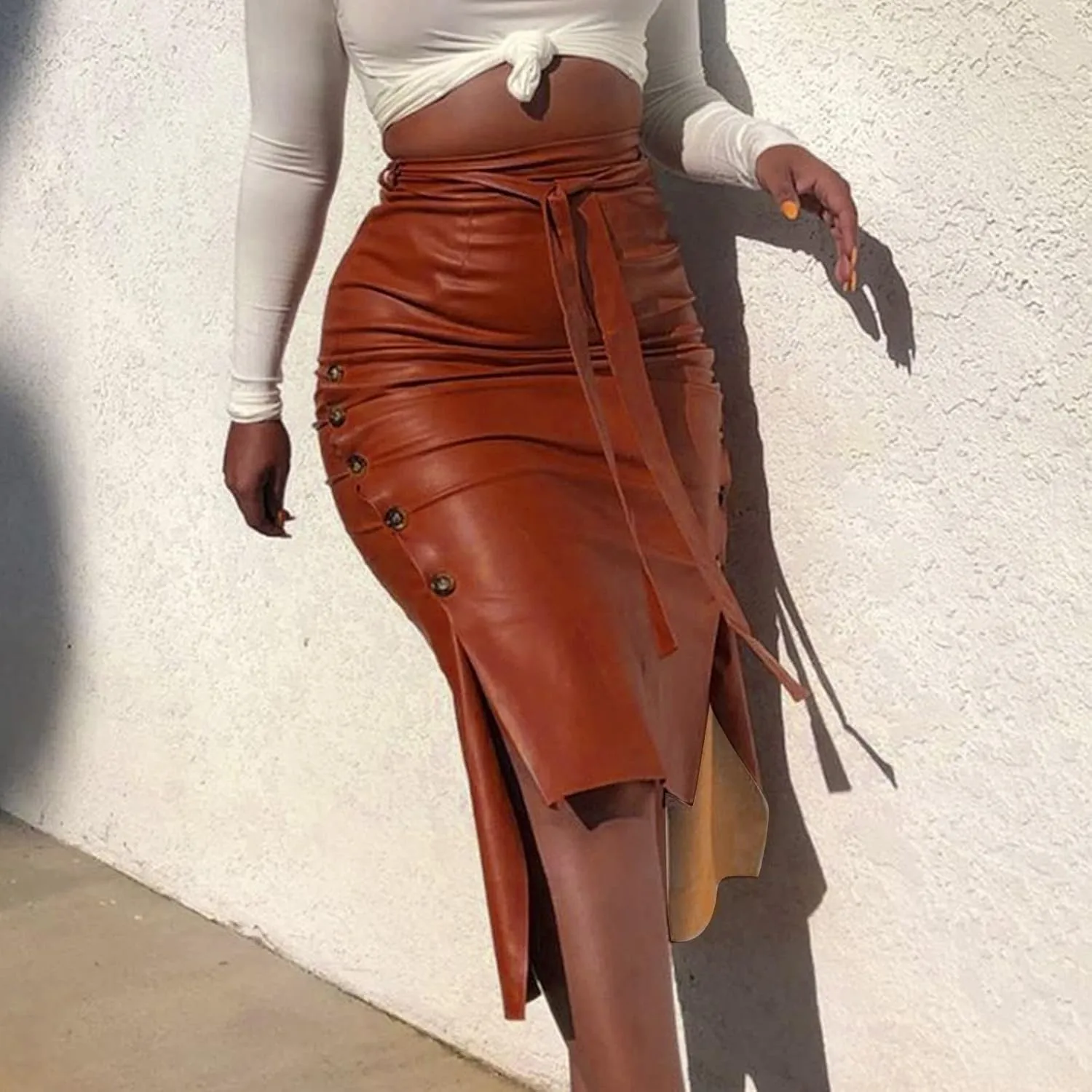 Women Split Work Midi Skirts Elastic High Waisted Bodycon Pencil Skirt Elegant Slim Fit Business Dress