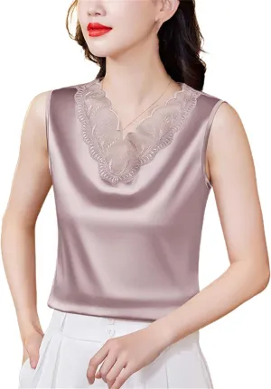 Women Spring Satin Camisole Shirt Sleeveless Tank top V-Neck Sexy Patchwork Lace Vest Tops