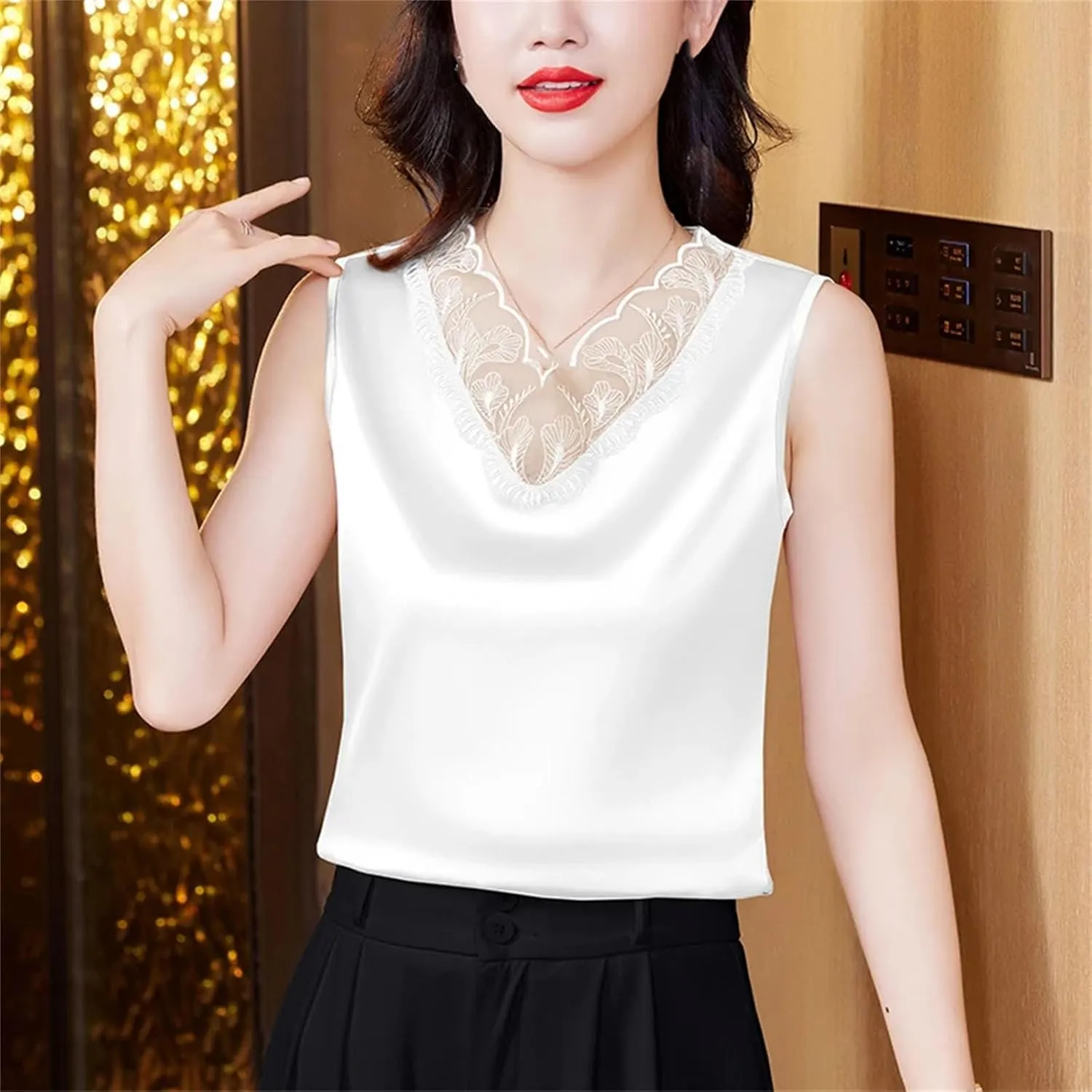 Women Spring Satin Camisole Shirt Sleeveless Tank top V-Neck Sexy Patchwork Lace Vest Tops