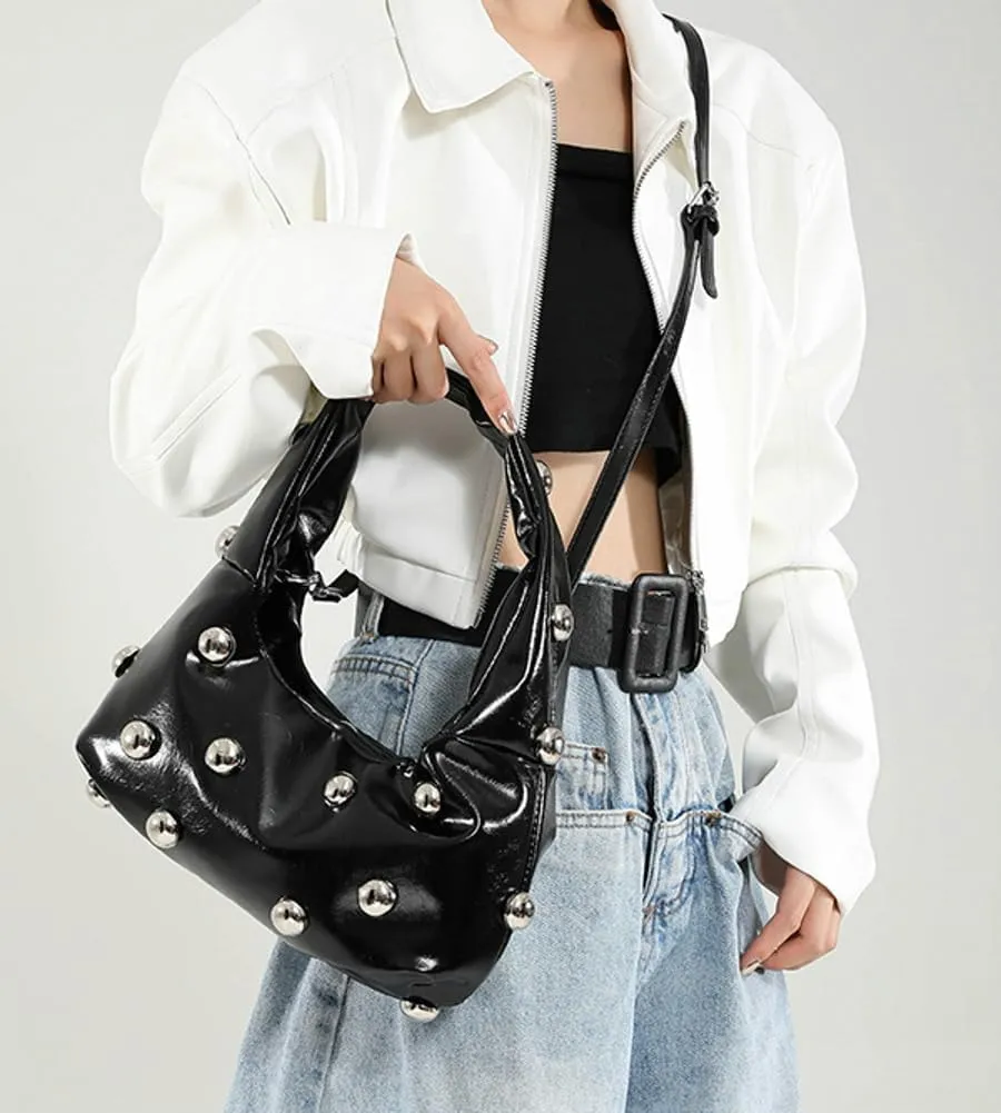 Women Studded Shoulder Bag Pu Leather Rivet Handbag Trendy Underarm Purses Fashion Hobo Bag 2025