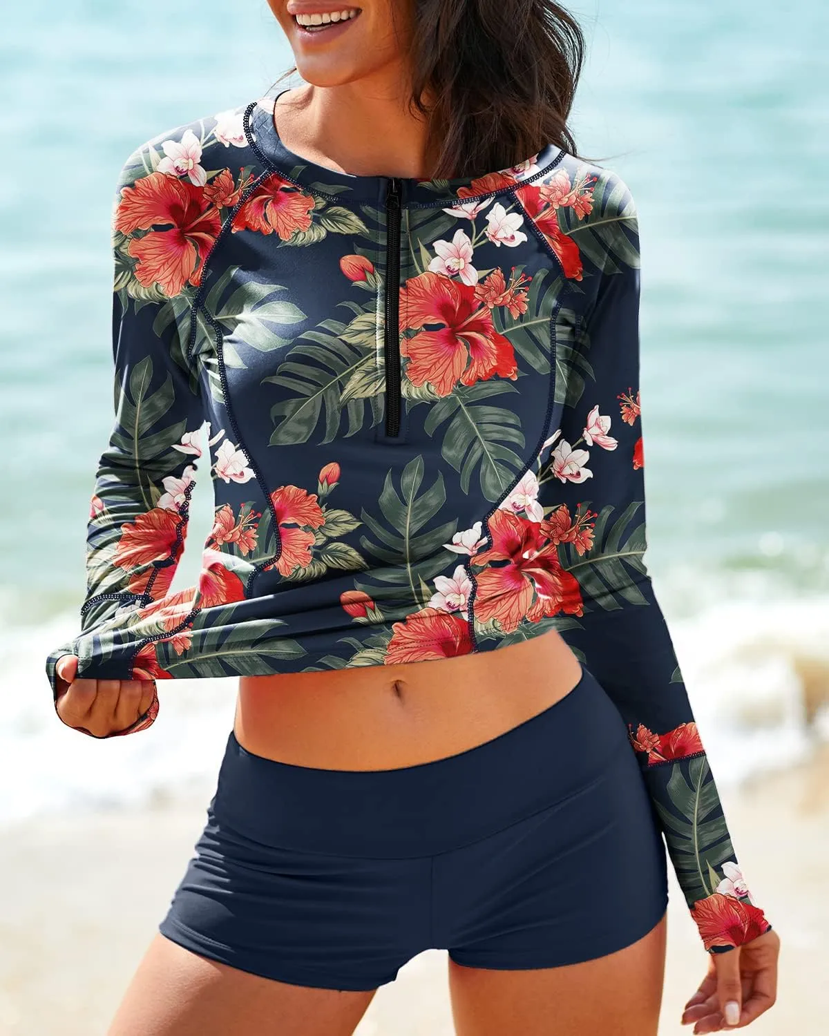 Women Two Piece Rash Guard Long Sleeve Half-Zipper UPF 50 Athletic Surfing Swimsuit