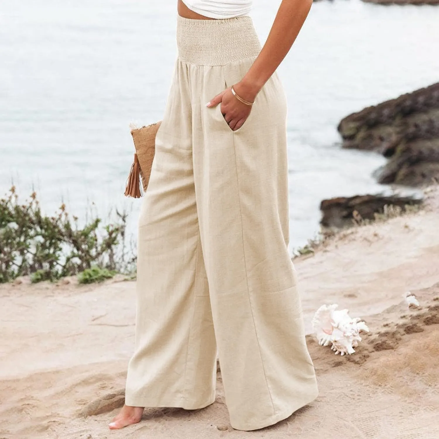 Women Wide Leg Cotton Linen Pants,Summer Boho Beach Yoga Palazzo Pant High Waist Loose Lounge Trousers with Pockets