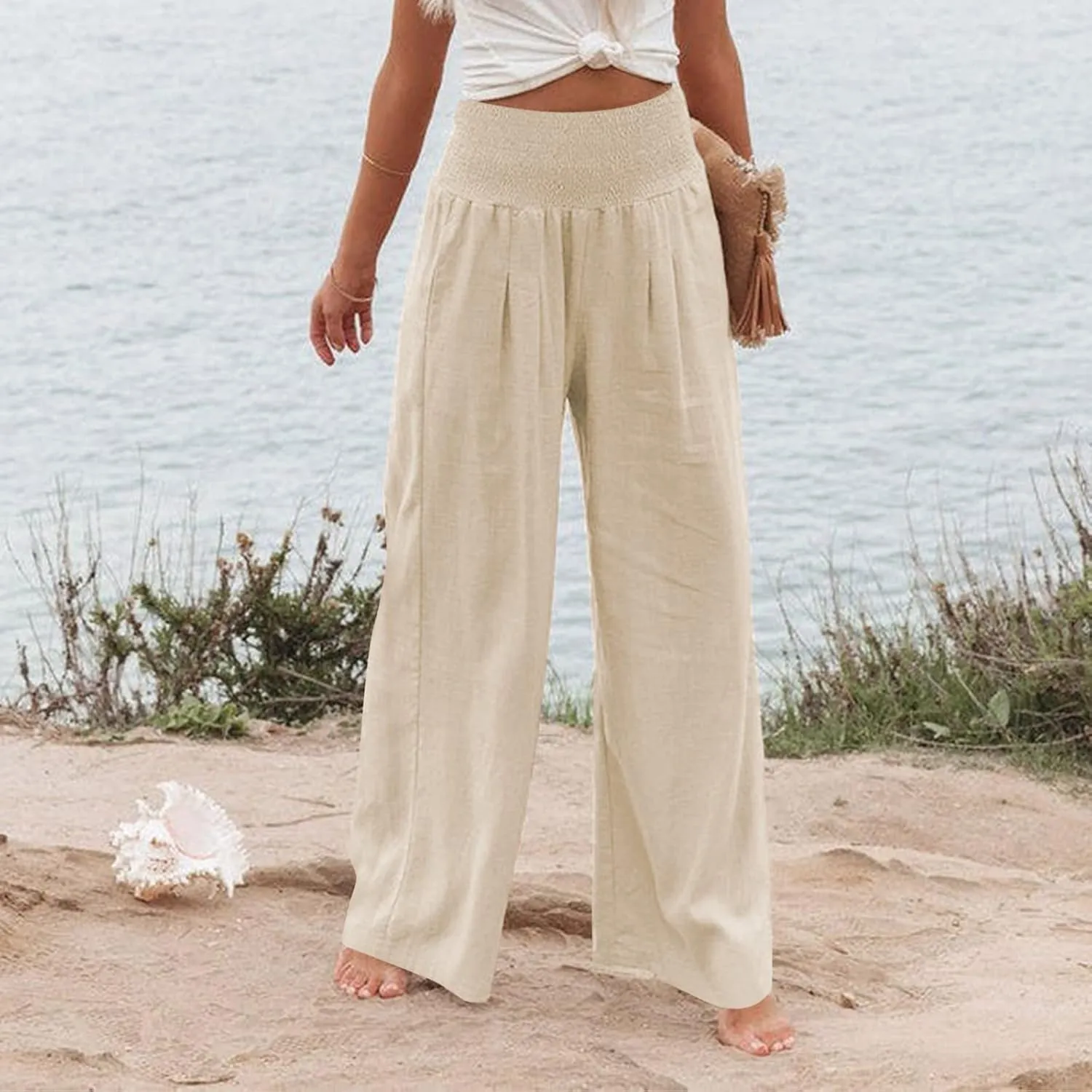 Women Wide Leg Cotton Linen Pants,Summer Boho Beach Yoga Palazzo Pant High Waist Loose Lounge Trousers with Pockets