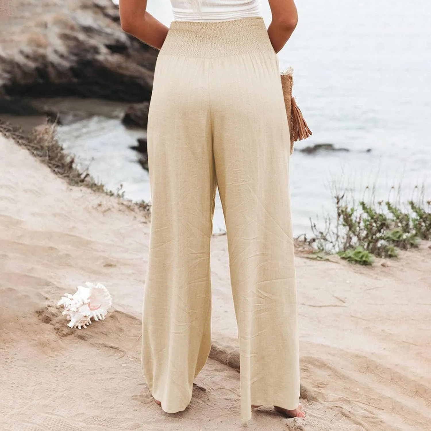 Women Wide Leg Cotton Linen Pants,Summer Boho Beach Yoga Palazzo Pant High Waist Loose Lounge Trousers with Pockets