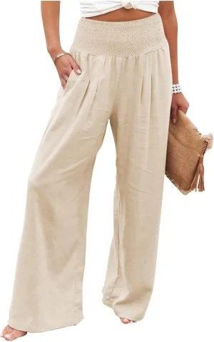 Women Wide Leg Cotton Linen Pants,Summer Boho Beach Yoga Palazzo Pant High Waist Loose Lounge Trousers with Pockets
