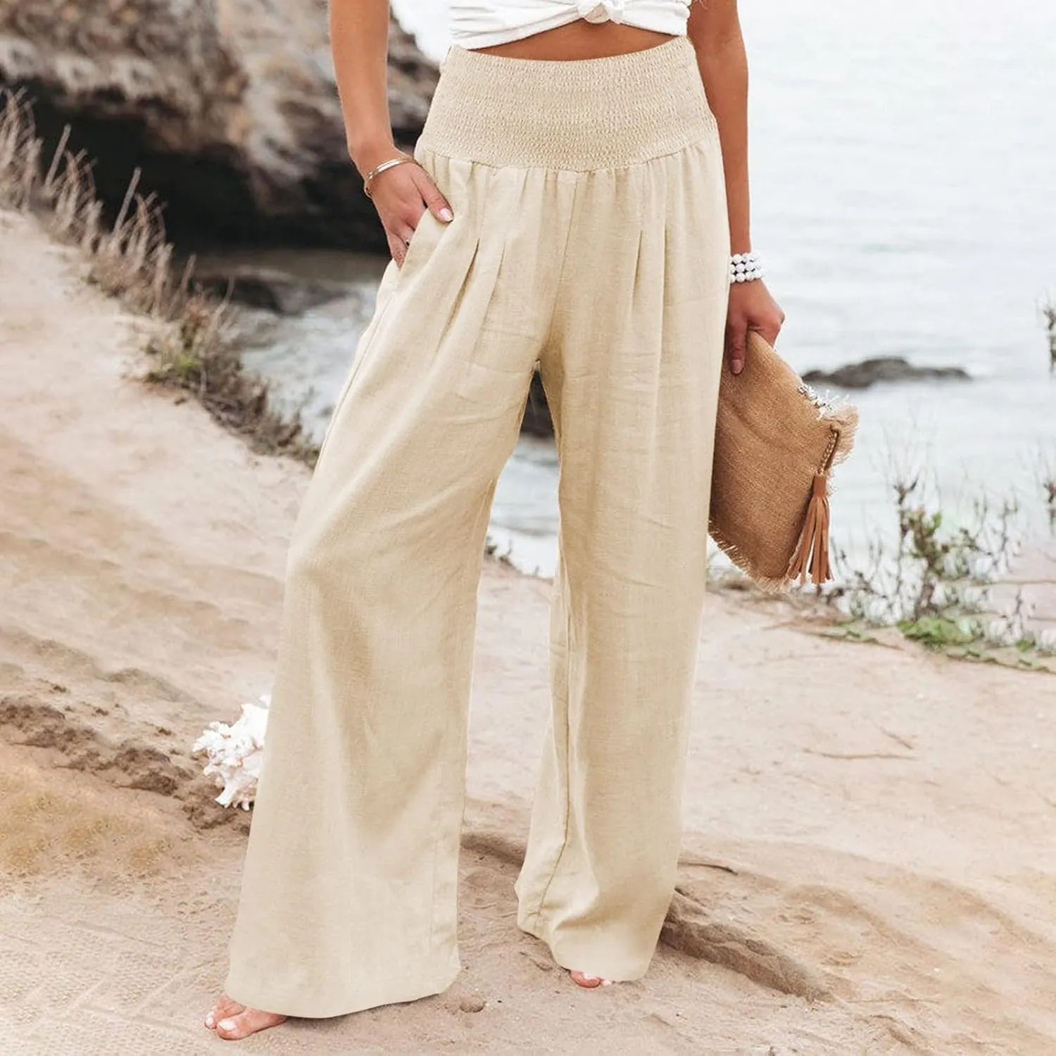 Women Wide Leg Cotton Linen Pants,Summer Boho Beach Yoga Palazzo Pant High Waist Loose Lounge Trousers with Pockets