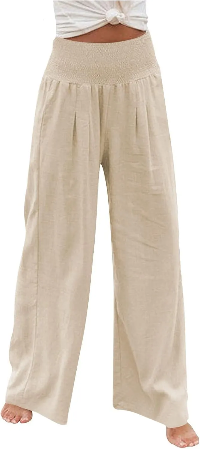 Women Wide Leg Cotton Linen Pants,Summer Boho Beach Yoga Palazzo Pant High Waist Loose Lounge Trousers with Pockets