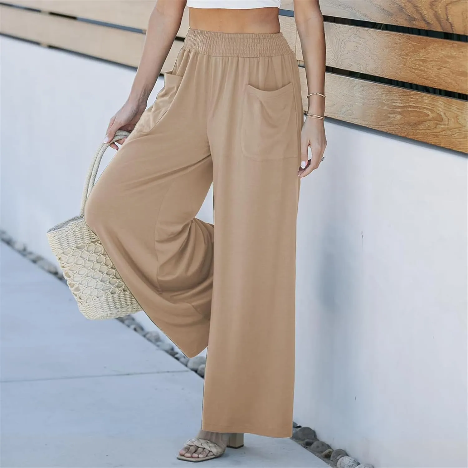 Women Wide Leg Palazzo Pants Casual Elastic High Waist Trousers Flowy Lounge Slacks with Pockets Summer Beach Outfits