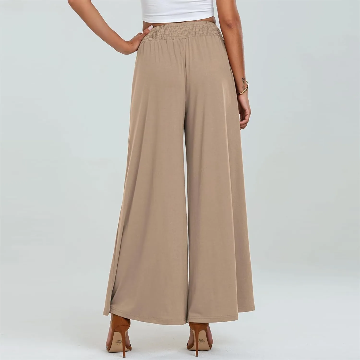 Women Wide Leg Palazzo Pants Casual Elastic High Waist Trousers Flowy Lounge Slacks with Pockets Summer Beach Outfits