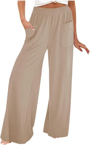 Women Wide Leg Palazzo Pants Casual Elastic High Waist Trousers Flowy Lounge Slacks with Pockets Summer Beach Outfits