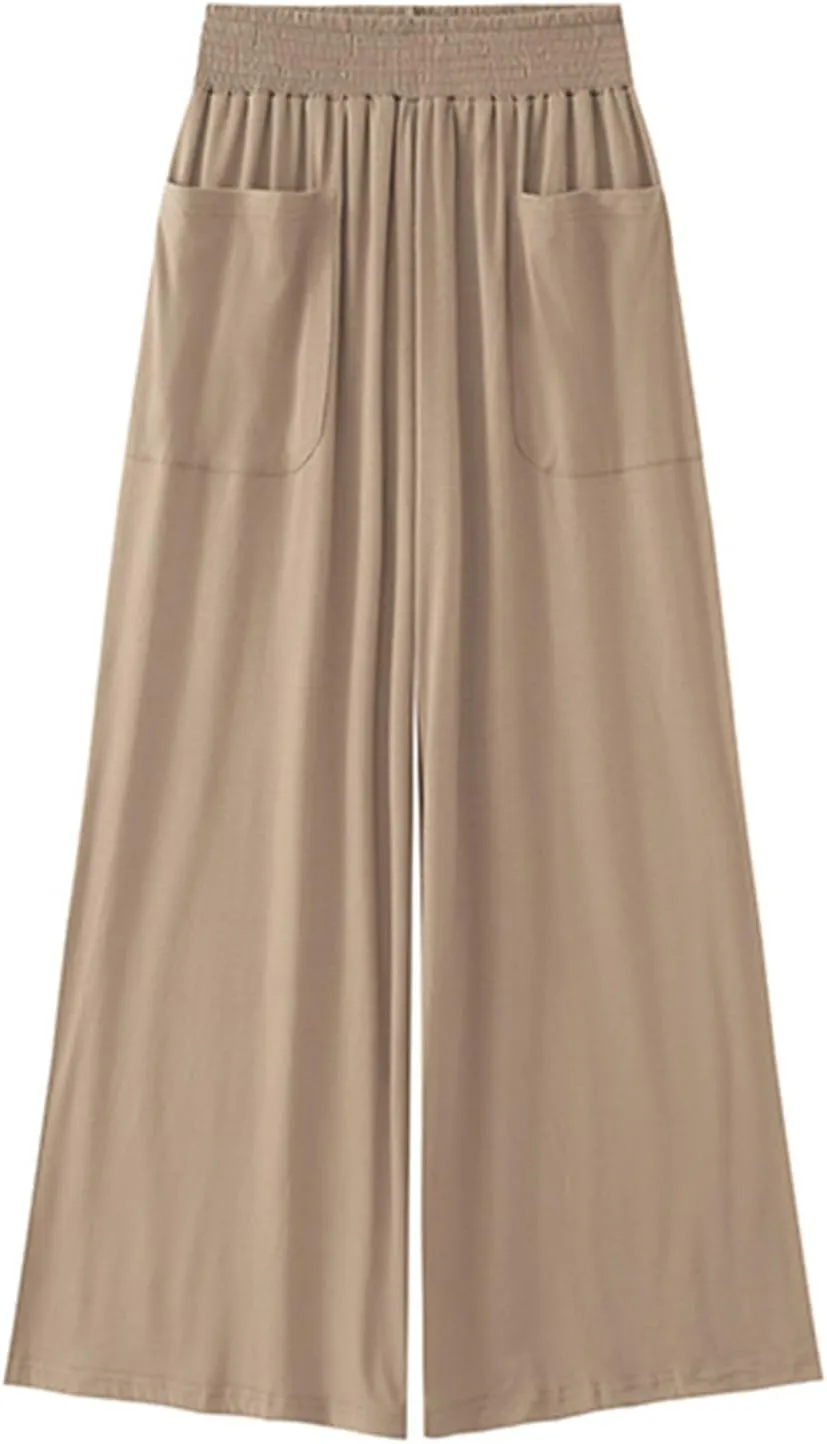 Women Wide Leg Palazzo Pants Casual Elastic High Waist Trousers Flowy Lounge Slacks with Pockets Summer Beach Outfits