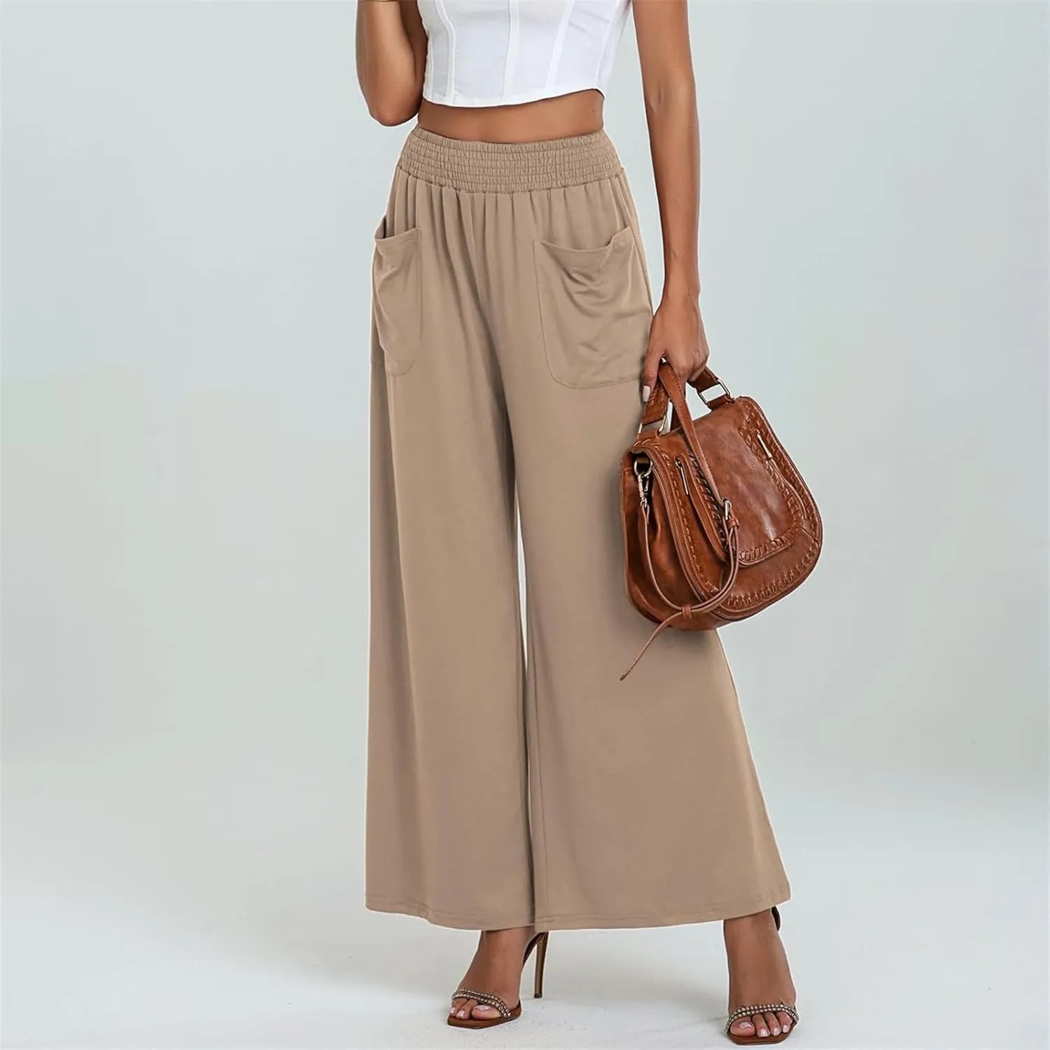 Women Wide Leg Palazzo Pants Casual Elastic High Waist Trousers Flowy Lounge Slacks with Pockets Summer Beach Outfits