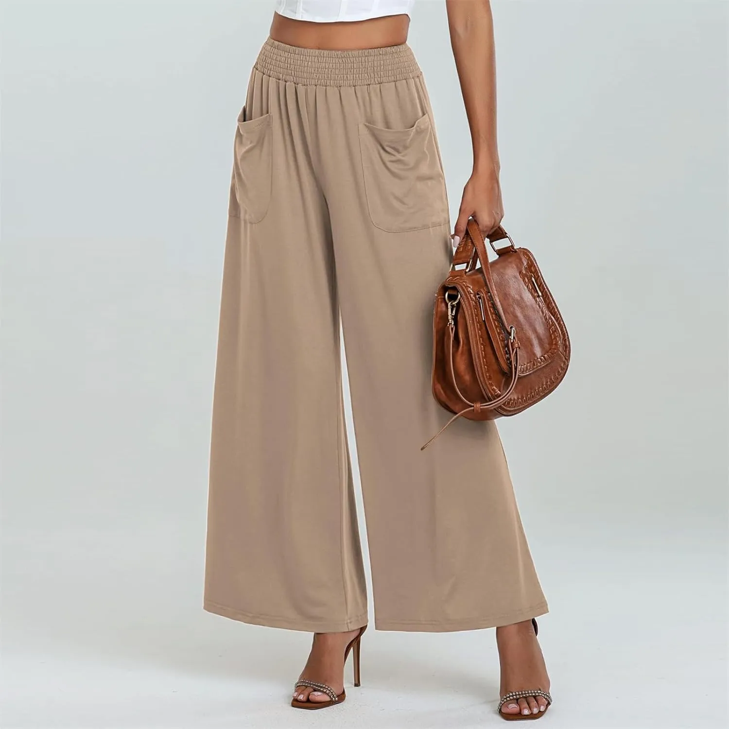 Women Wide Leg Palazzo Pants Casual Elastic High Waist Trousers Flowy Lounge Slacks with Pockets Summer Beach Outfits
