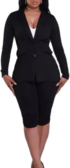 Women's 2 Piece Blazer Sets Open Front Long Sleeve Blazer Slim Fit Bermuda Shorts Pants Suit Sets Business Outfits