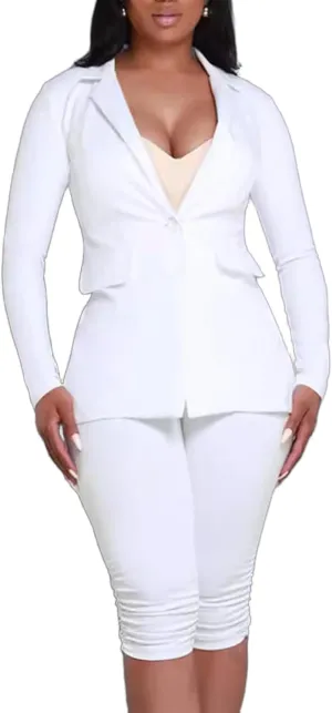 Women's 2 Piece Blazer Sets Open Front Long Sleeve Blazer Slim Fit Bermuda Shorts Pants Suit Sets Business Outfits