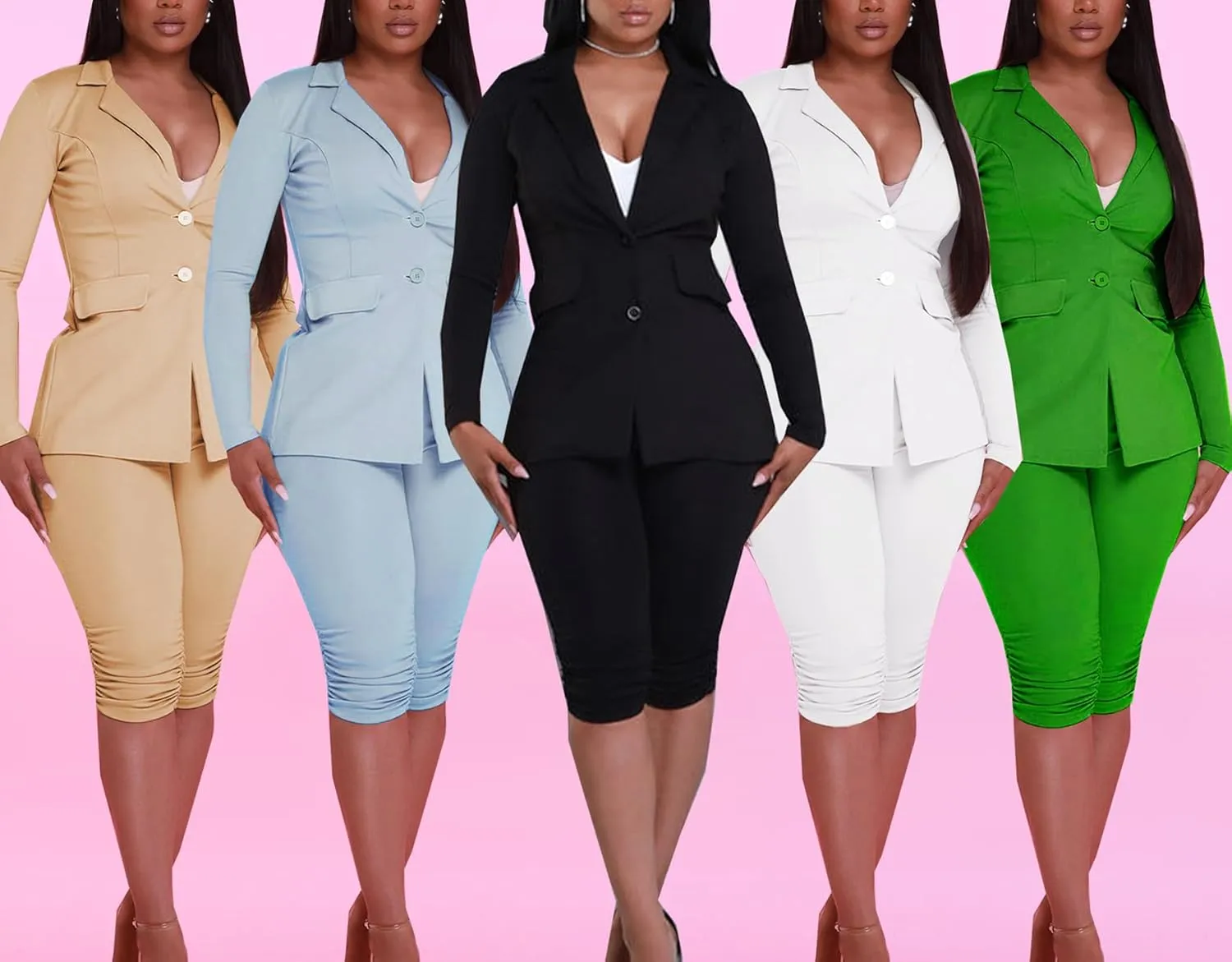Women's 2 Piece Blazer Sets Open Front Long Sleeve Blazer Slim Fit Bermuda Shorts Pants Suit Sets Business Outfits
