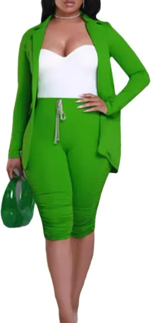 Women's 2 Piece Blazer Sets Open Front Long Sleeve Blazer Slim Fit Bermuda Shorts Pants Suit Sets Business Outfits