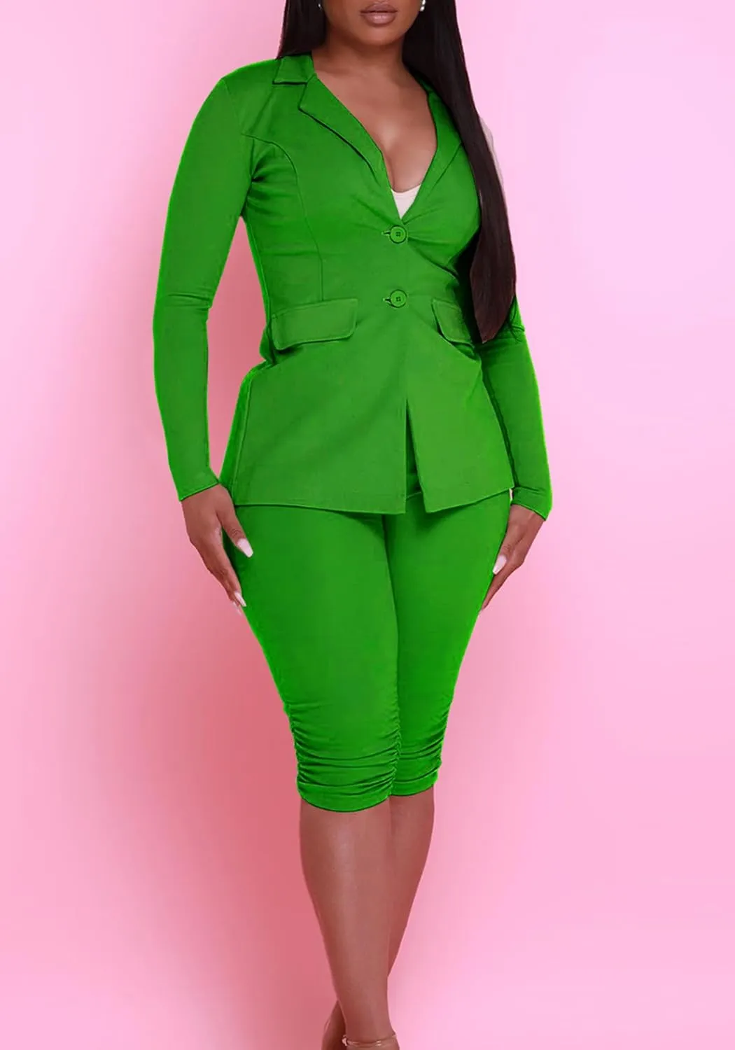 Women's 2 Piece Blazer Sets Open Front Long Sleeve Blazer Slim Fit Bermuda Shorts Pants Suit Sets Business Outfits